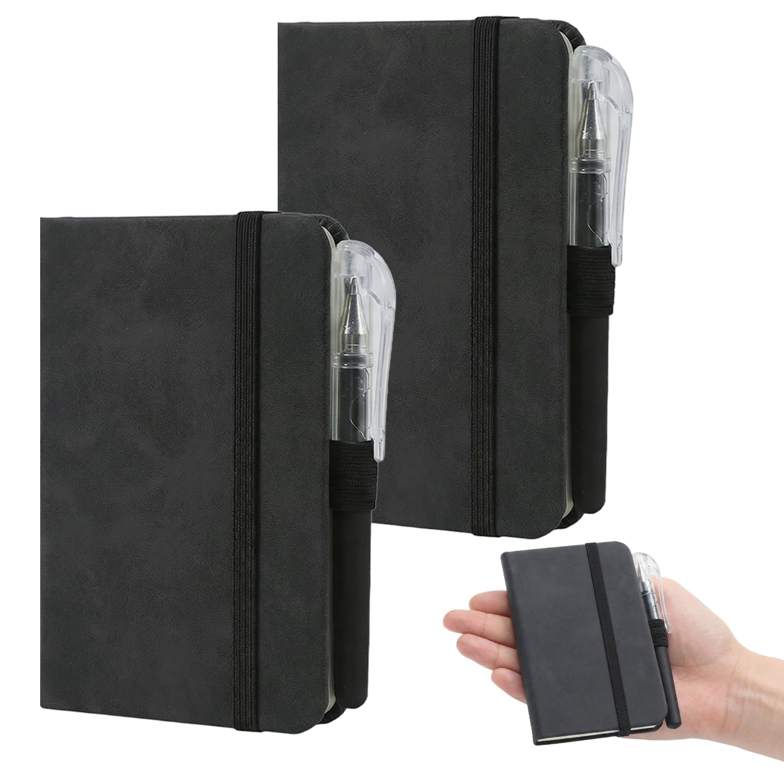 Omticova 2 Pack Pocket Notebookwith Two Pens, Small Notebooks Pocket Size with Elastic Closure Band and Bookmark, Portable Pocket Size A7 Notebook for Travel, Work, Business and Meetings