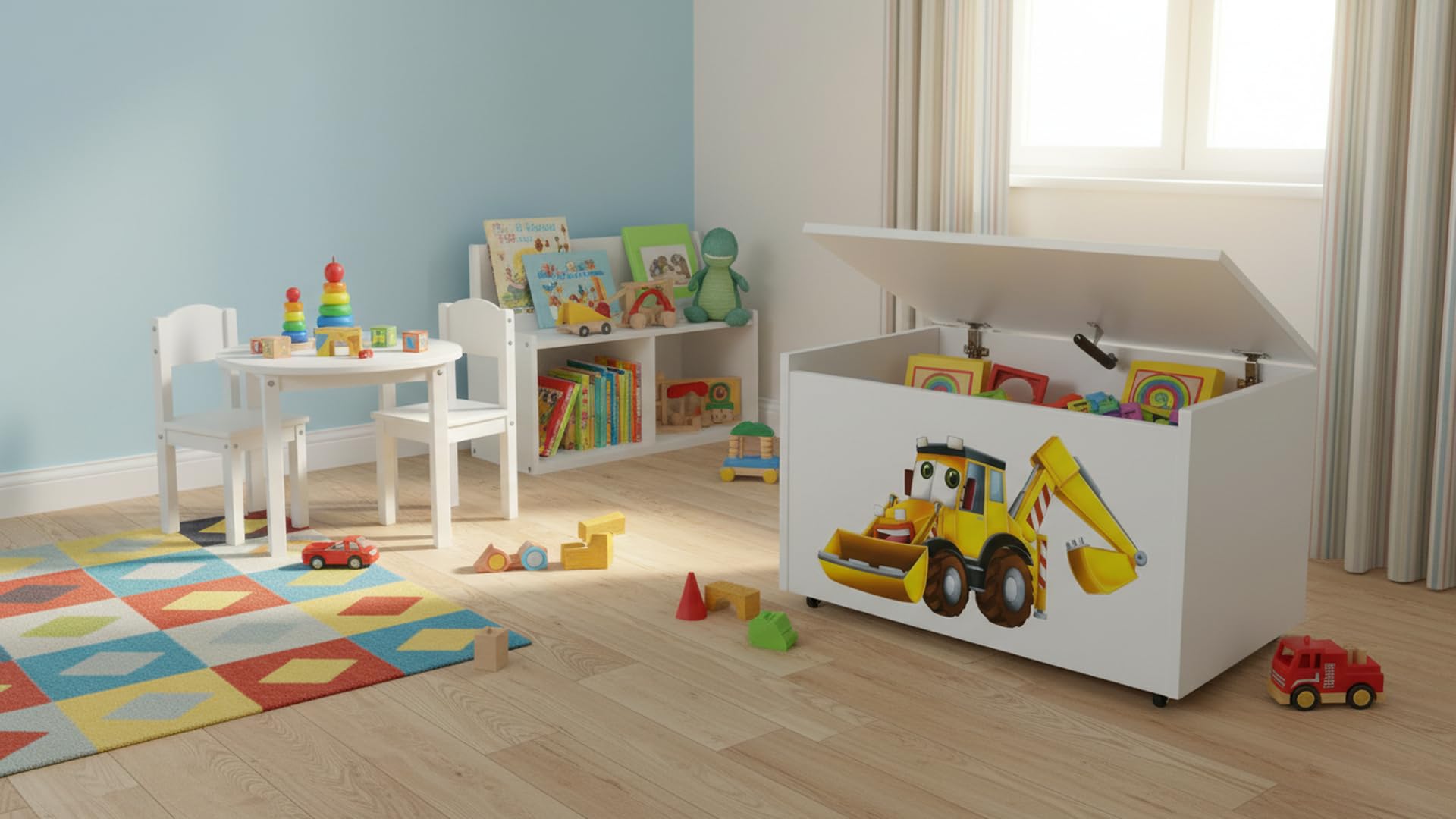 Skrzynia na zabawki 2w1 drewniana z siedziskiem na kółkach 91L kufer dla dzieci pojemnik organizer do pokoju dziecka MDF bezpieczne zamykanie kolorowy nadruk 71×40×46 cm (Koparka)