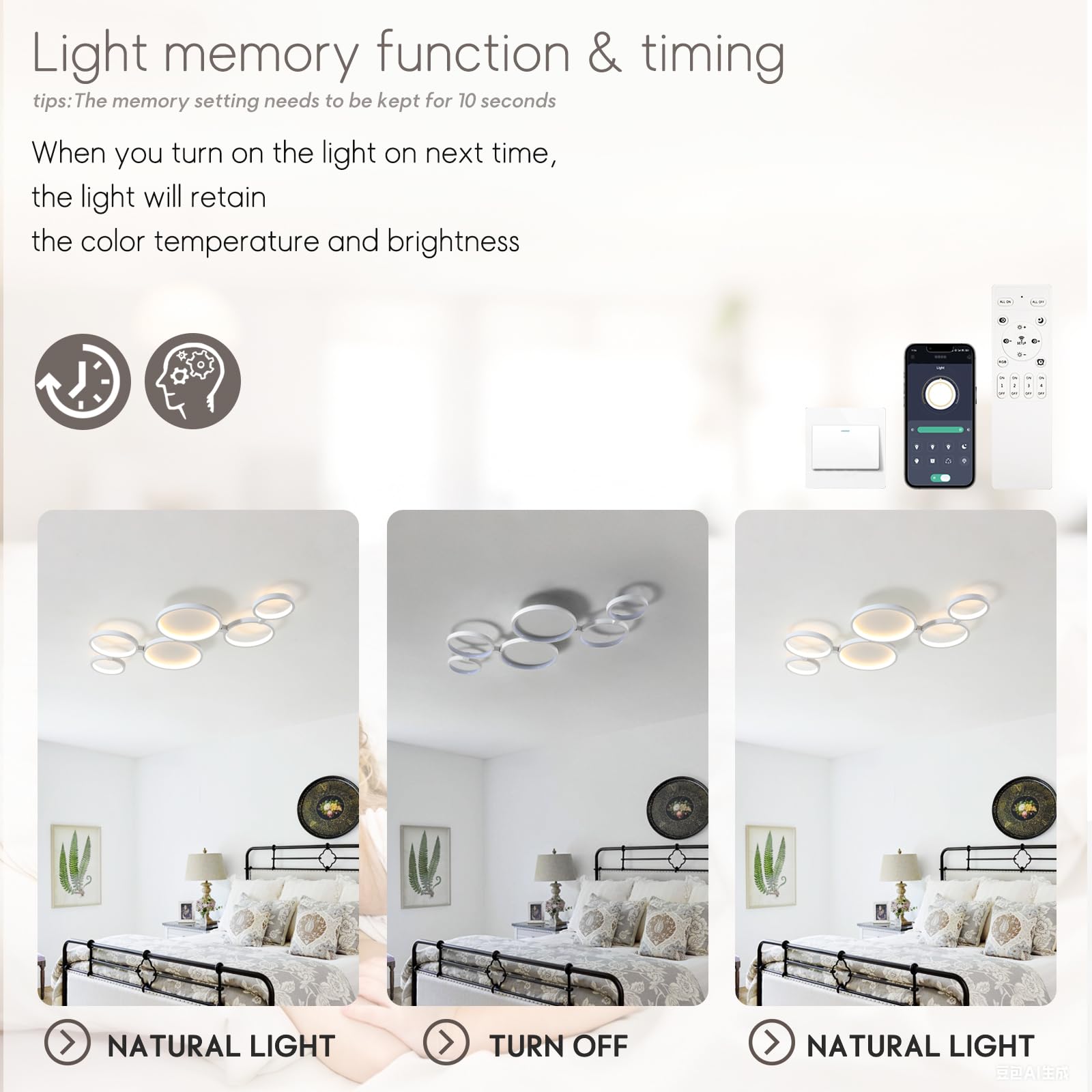 95 cm Lampadario Led Soffitto Moderni 6 Anelli Soggiorno, Dimmable Moderno Plafoniera Led Soffitto Camera Da Letto, 3000K-6500K Luce Funzione Di Memoria, Nessuno Sfarfallio, Timer(Bianco)