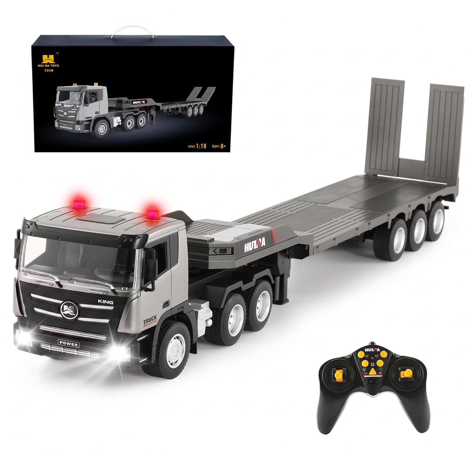 BEOSIOR 1:24 RC Truck Remote Control Cars with Flatbed Trailer,2.4GHz Ultra-Long Trailer, LED Lights, Realistic Sound, Rechargeable Battery, Gift for Kids