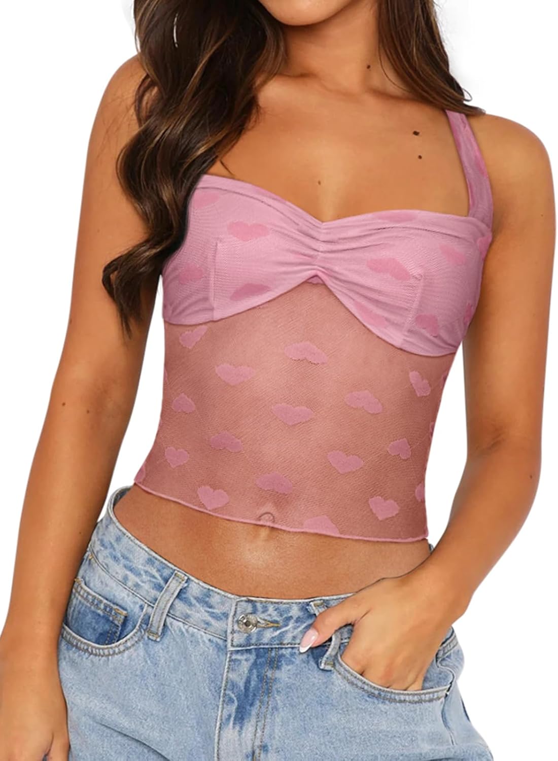Size XL REORIA Lace Tops for Women Halter Sexy Going Out Tank Crop Y2K Fashion Top 2025 Trendy Medium Pink Heart