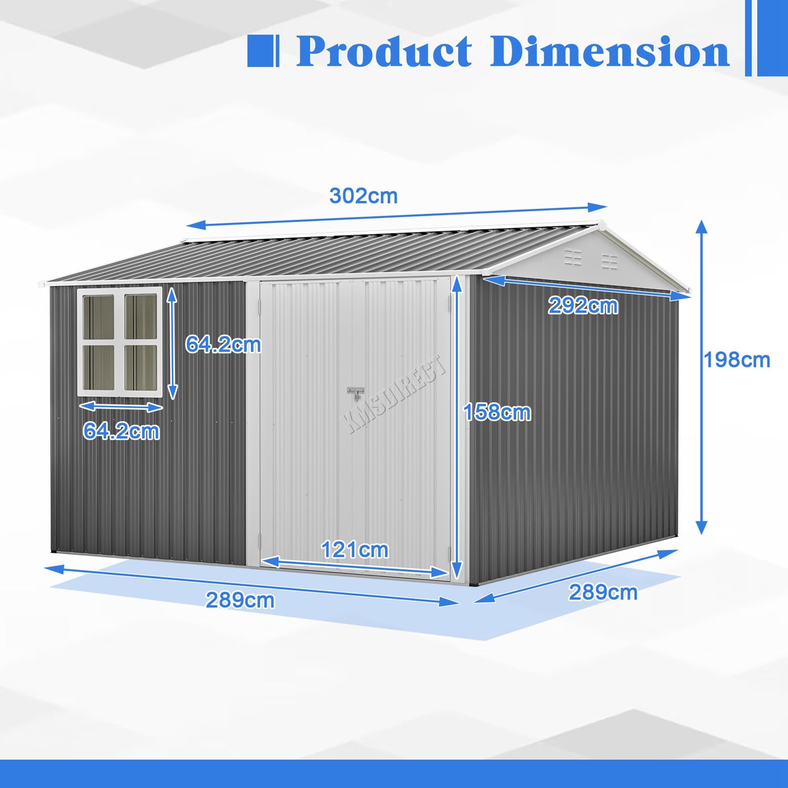 BIRCHTREE Garden Shed Steel Apex Roof House Outdoor Backyard Storage With Lockable Double Doors Window Free Foundation Tool Equipment Organizer Air Vents 10x10FT Grey — view 6