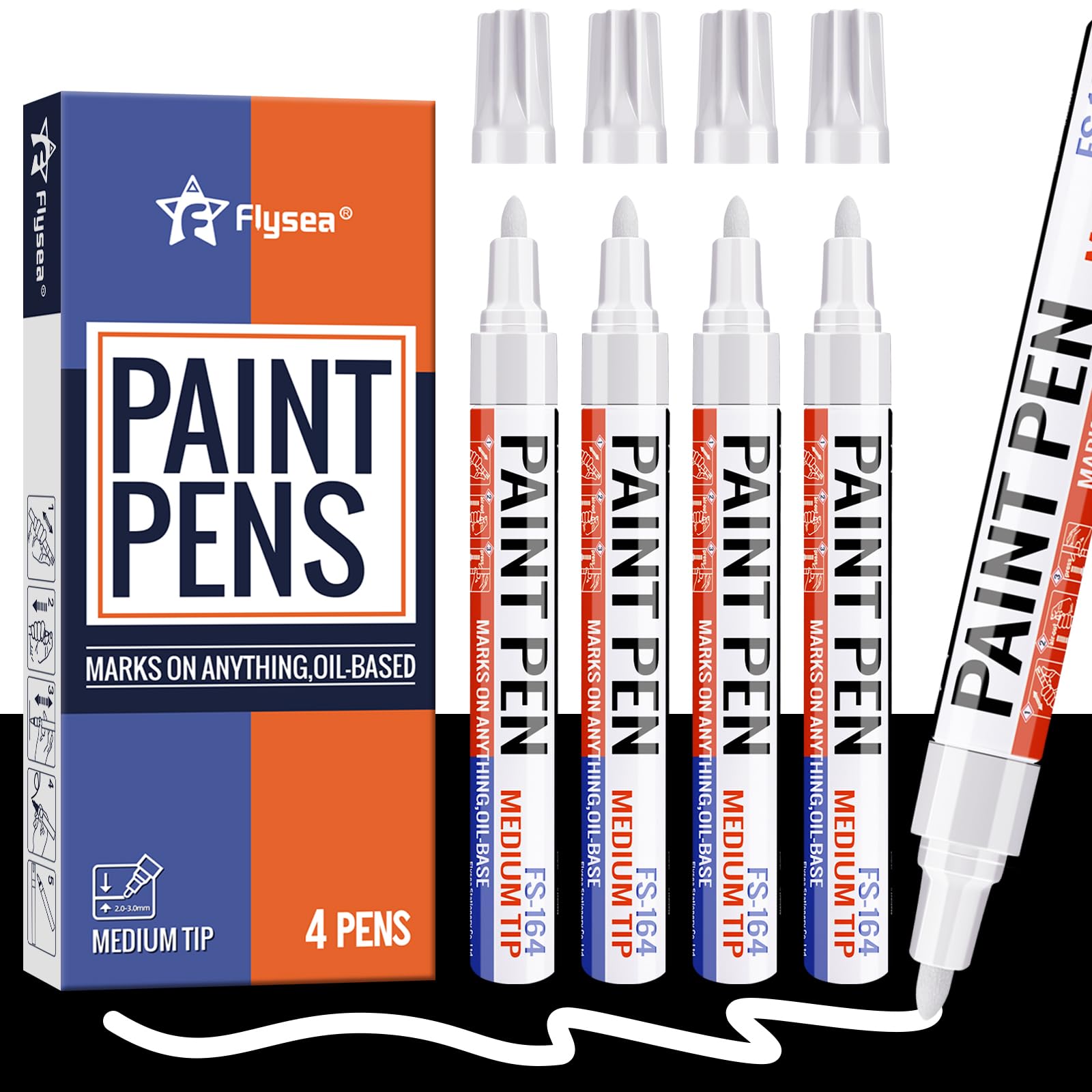 Alitastro White Paint Pens Permanent Marker Pen 4 Pcs Waterproof Oil Based Paint Markers 3mm Medium Round Tip Quick-drying Paint Marker Pens for Rock Painting, Black Paper, Metal, Tyre, Glass, Wood — image 1