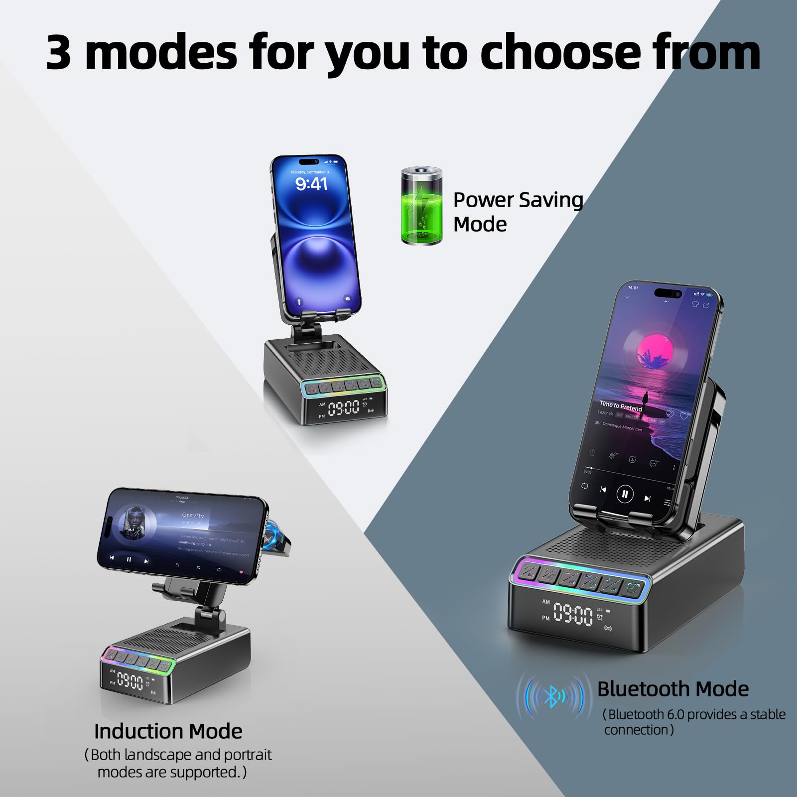 Altavoz Bluetooth con soporte para teléfono móvil, 9 en 1, caja de música Bluetooth 6.0 (horizontal/vertical), soporte de inducción, estéreo envolvente, despertador/luz nocturna, regalo para hombres y