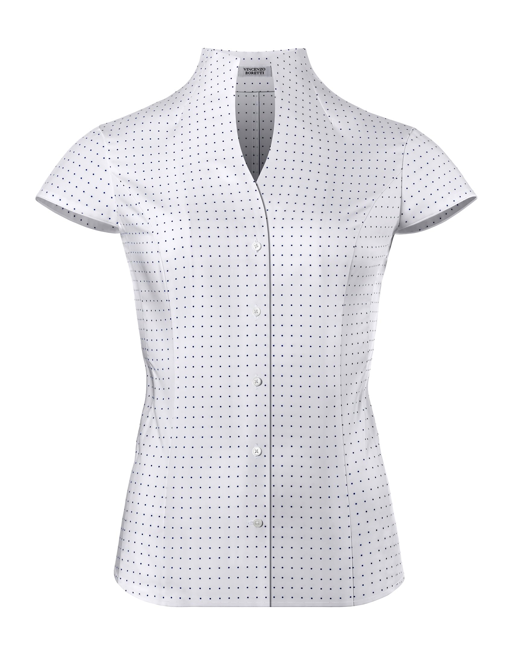 Vincenzo Boretti Damen Bluse mit Kelchkragen leicht tailliert 100% Baumwolle bügelleicht Kurzarm ärmellos Hemdbluse mit Stehkragen elegant festlich auch für Business