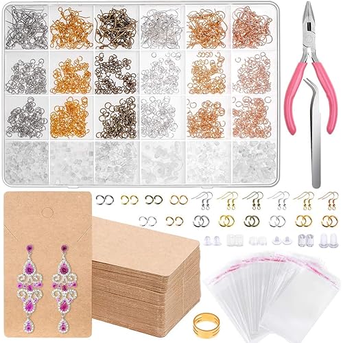 Anezus Earrings Hooks for Jewelry Making, 2000Pcs Kit With Fish Hook Earrings, Cards, Plier, Backs and Jump Ring for Earring Repair
