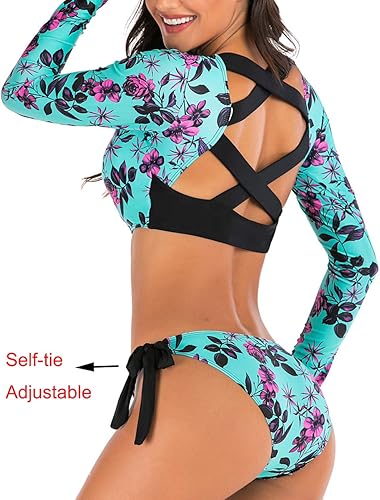 Miniatura 2 de JadeRich Conjunto de tankini de manga larga con patrón de moda para mujer, UPF 50+, traje de baño con protección solar