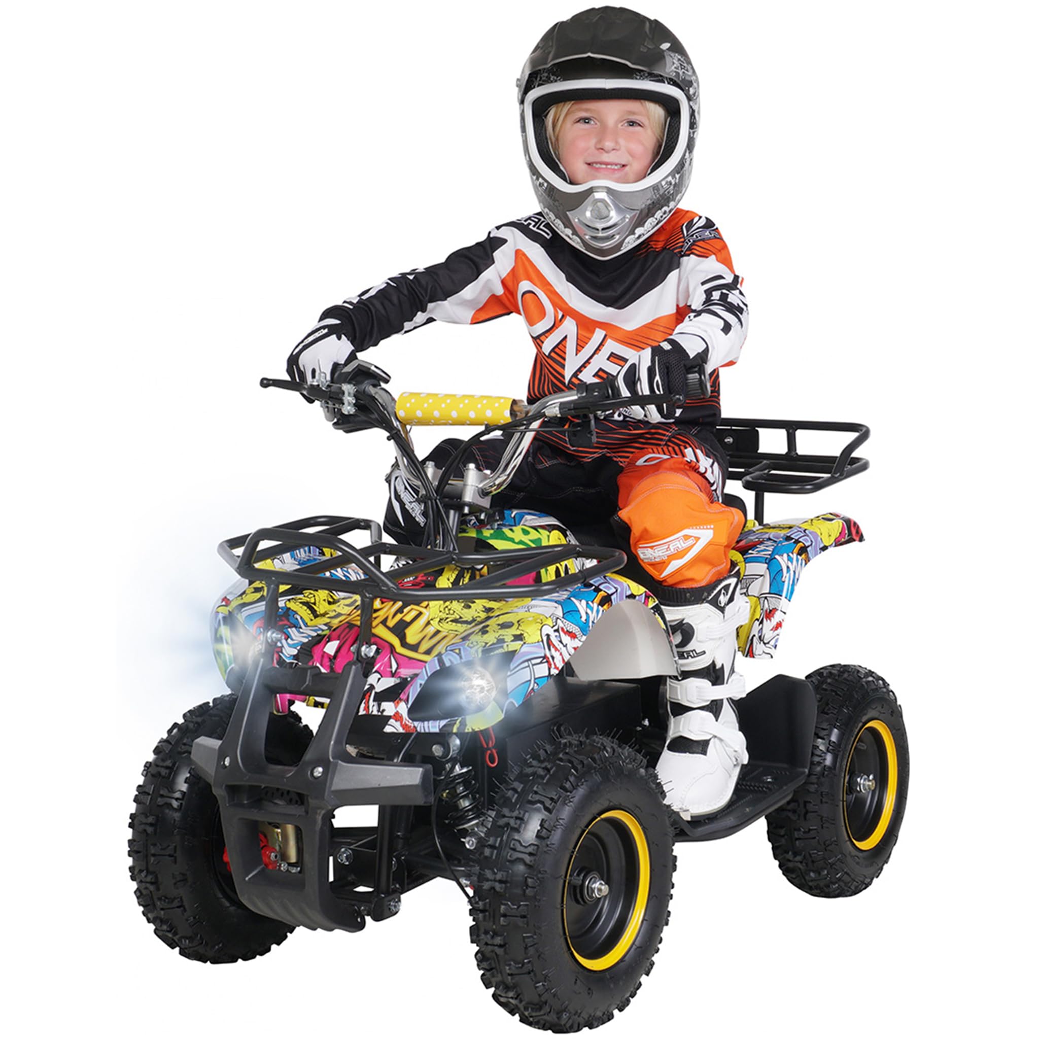 Actionbikes Motors Kinder Quad Elektro ATV Torino | 𝟑𝟔 Volt 𝟭𝟬𝟬𝟬 Watt Motor bis 𝟐𝟒 km/h - Kinderquad - Pocket Quad - Safety Fußschalter - Miniquad - Für Kinder ab 8 Jahren (Gelb Graffiti)