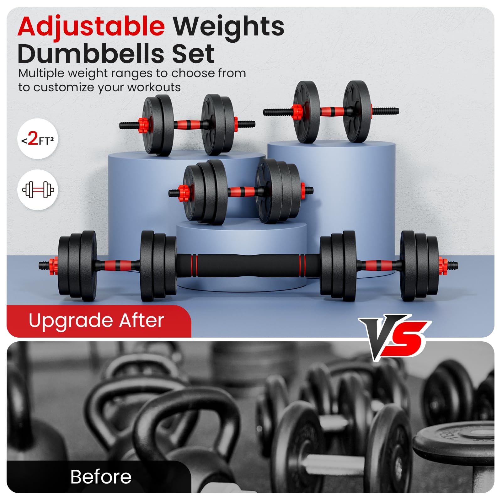 Adjustable Dumbbell Set, 20/33/45/70/90lbs Free Weight Set with Connector, 4 in1 Dumbbells Set Used as Barbell, Kettlebells, Push up Stand, Weight Set for Home Gym Suitable Men/Women