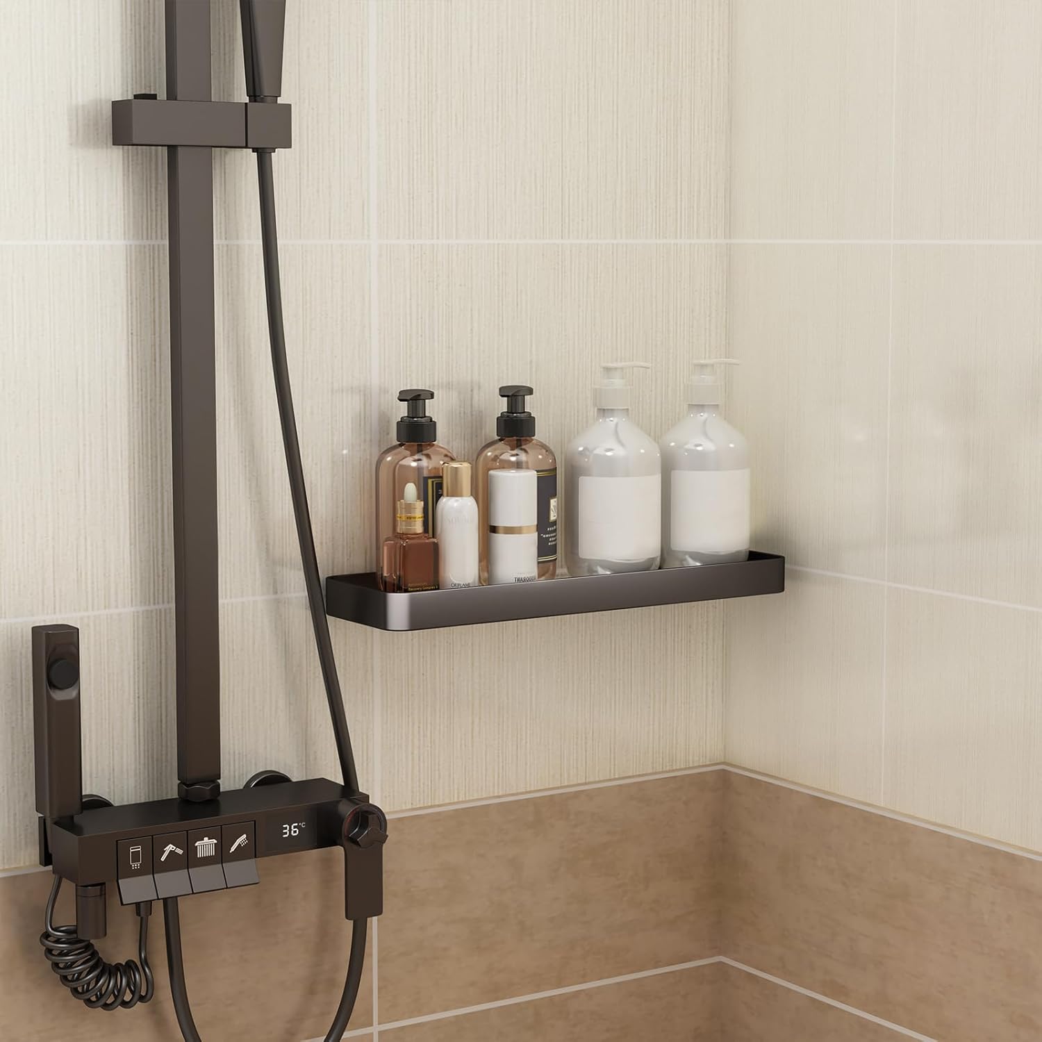 Danpoo 16-Inch Wall Shelf, Clear Tempered Glass with Matte Black Aluminum Frame – Sleek Floating Bathroom Organizer