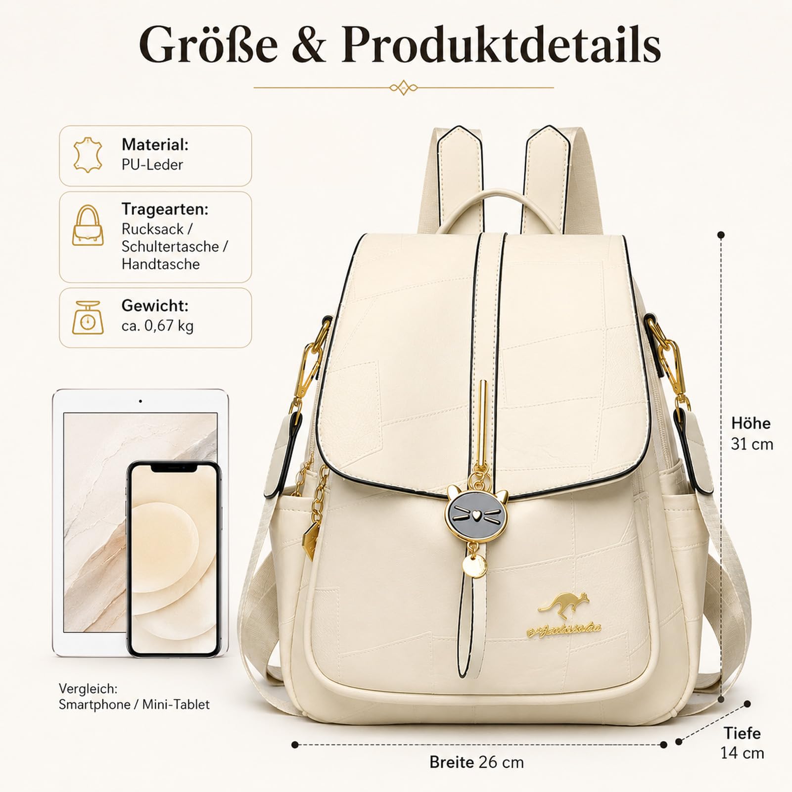 Drawelry Mode Damen Rucksack Schultertasche Handtasche mit Abnehmbar Schultergurt Tagesrucksack Hochwertiger PU-Leder Patchwork Reisetasche, Frauen Freizeit Vielseitiger Backpack Geschenke (Weiß)
