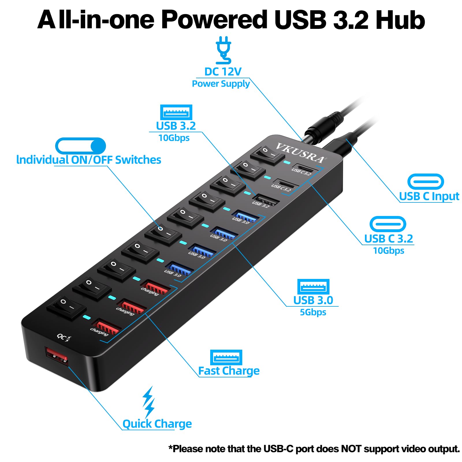 Hub USB 3.2 avec 11 Ports à 10 Gbps - A/C, 4 Ports de Charge Rapide 3.0 - Câble 2-en-1 120 cm et Adaptateur Secteur 48W