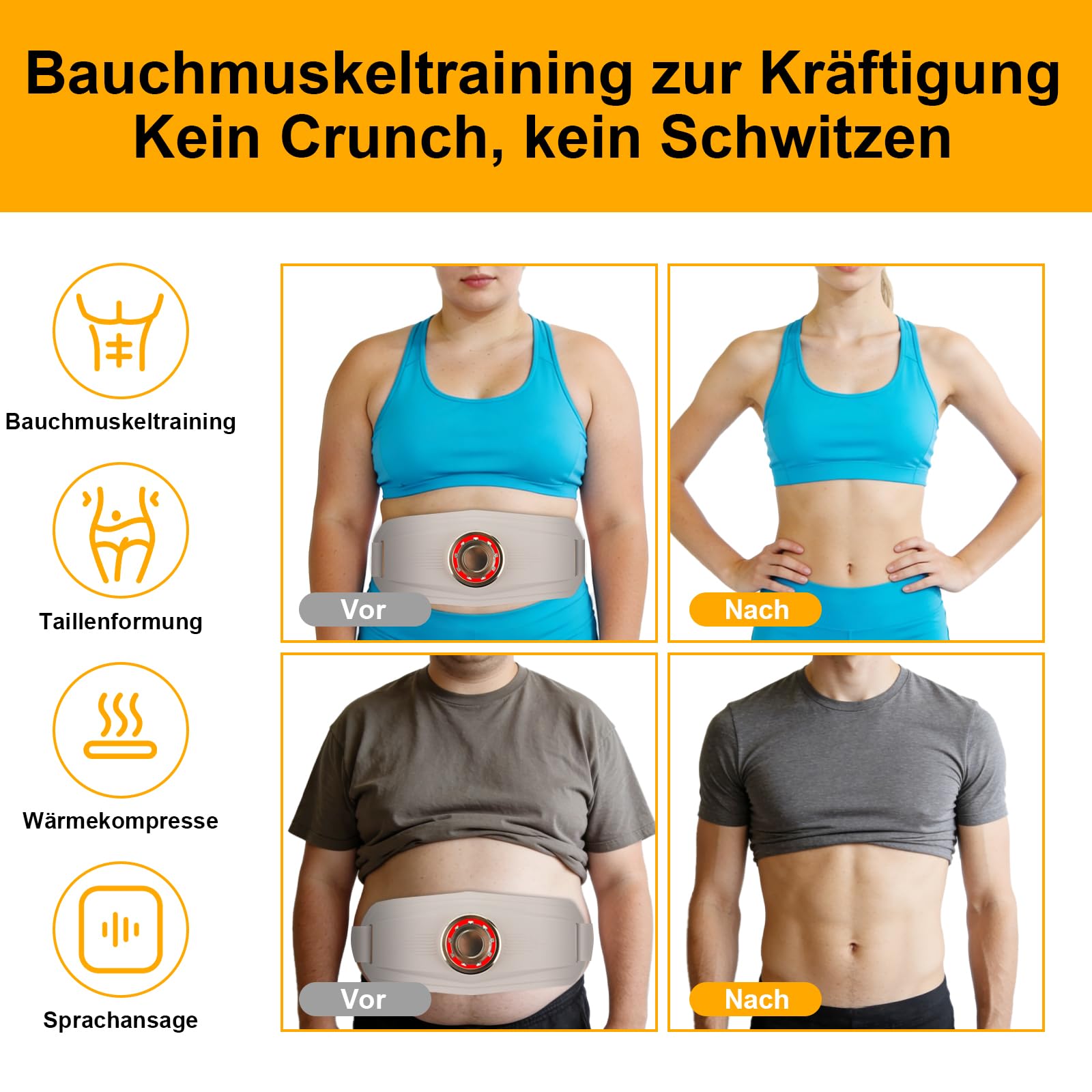 Ms.W EMS-Massagegürtel, Bauchmuskelstimulator und Muskelaufbau-Trainer mit 4 Modi, Mehreren Intensitätsstufen, Wärmekompresse und Farblicht, für Männer und Frauen