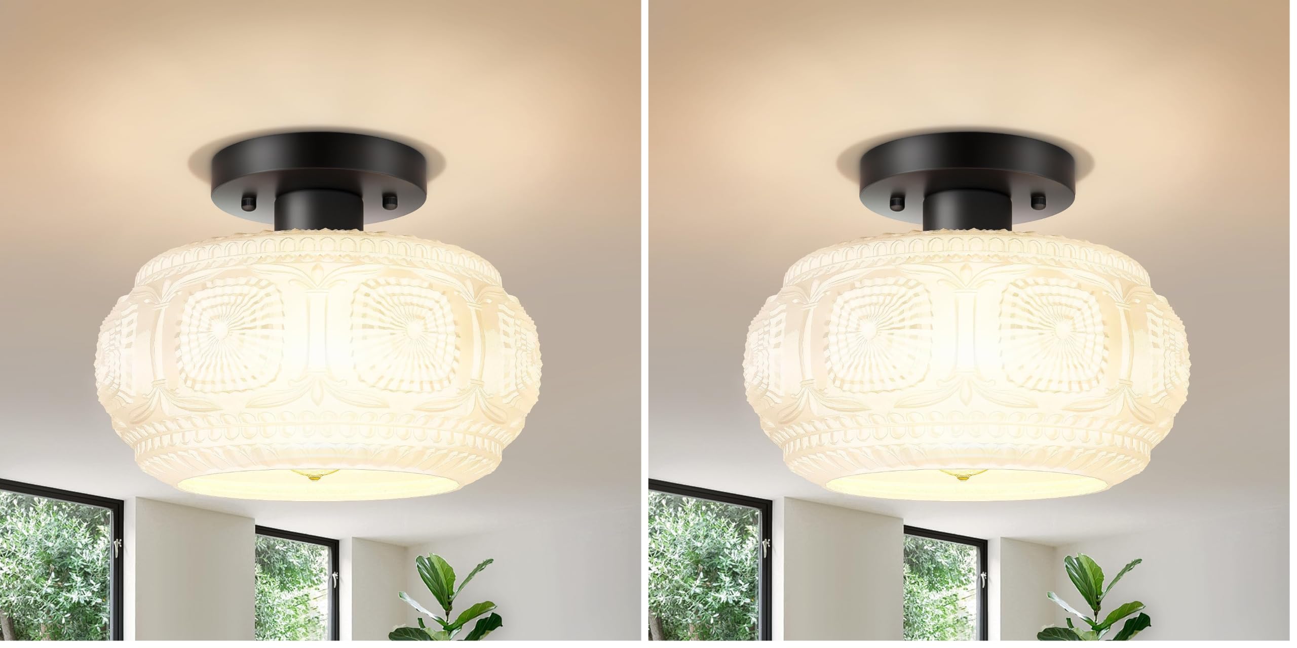 Semi Flush Mount Ceiling Light, Milk Glass Shade Modern Ceiling Light Fixture, Vintage Black Lighting for Hallway Bedroom Entryway Kitchen Porch (Pack of 2)