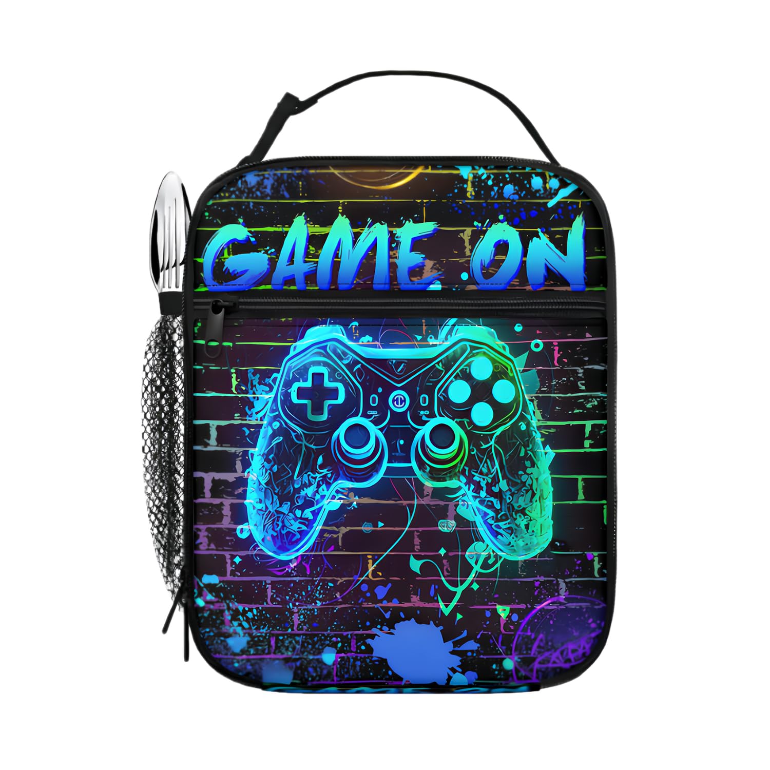 Gaming Boys Lunch Bag, Reusable Cool Insulated Lunch Box with Mesh Side Pocket, Water-Repellent and Leakproof Gaming Lunch Bag Kids for School, Travel, Picnic, Camping (Blue, Graffiti Splatter Style)