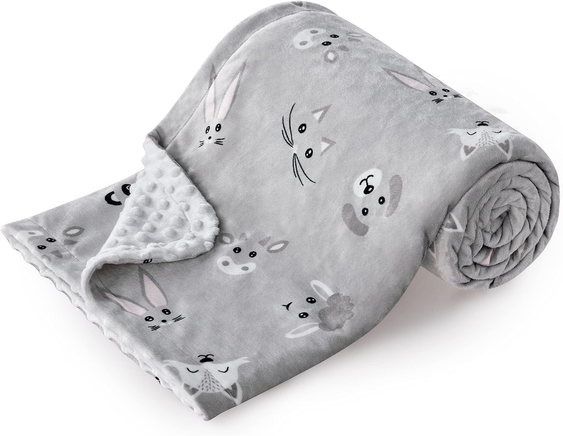 DaysU Silky Micro Soft Plush Baby Blankets Unisex with Print Animal Pattern and Soothing Raised Dots, Double Layer Bed Throws for Baby Crib, Animal Faces, Grey, 30x40 Inches