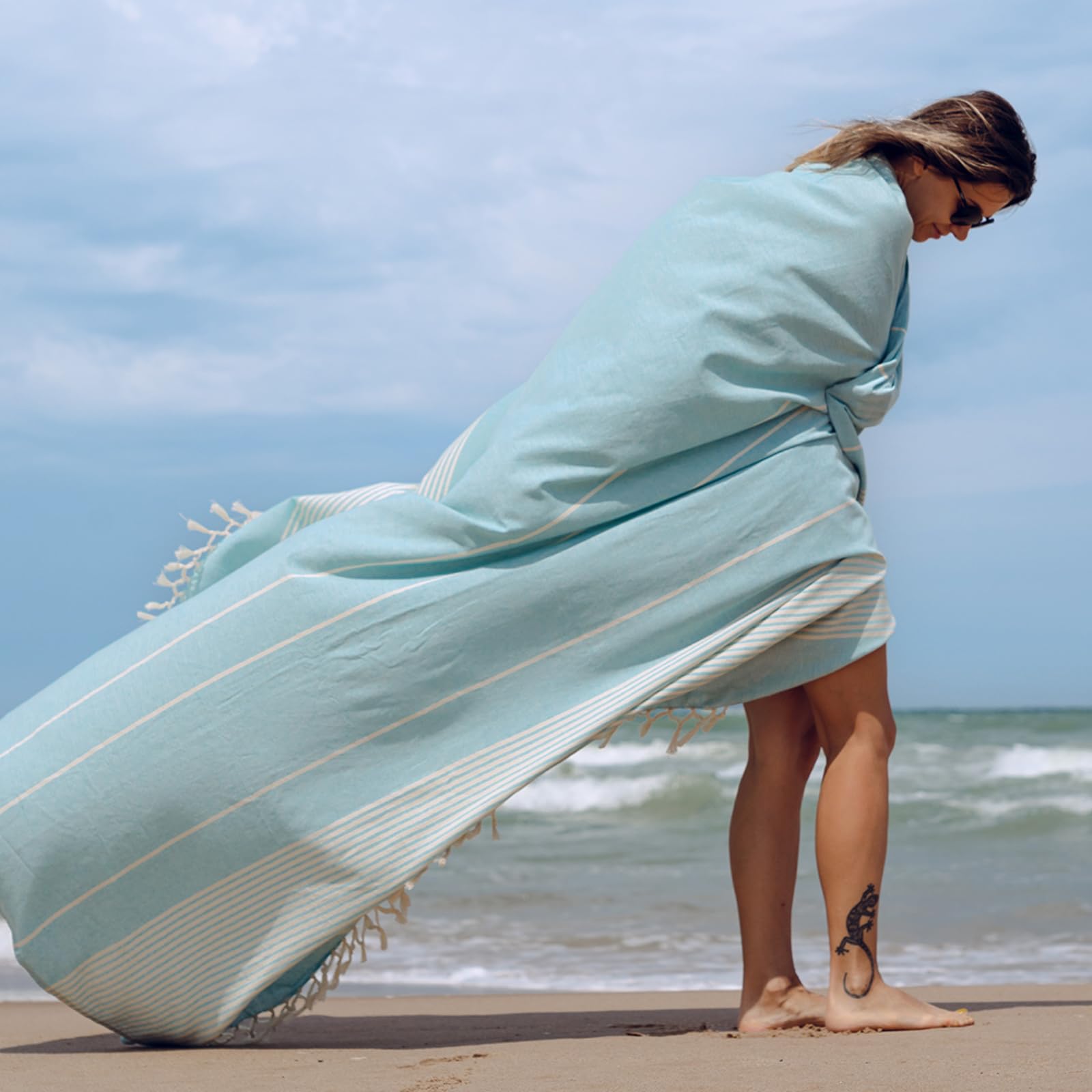 MOMOMUS Fouta Telo Mare Grande in Cotone con Frange e Senza Sabbia - Telo da Spiaggia Antisabbia XXL - Ideale como Arazzo/Pareo/Telo Picnic o Blanket per Prato - Turchese, 210x240 cm