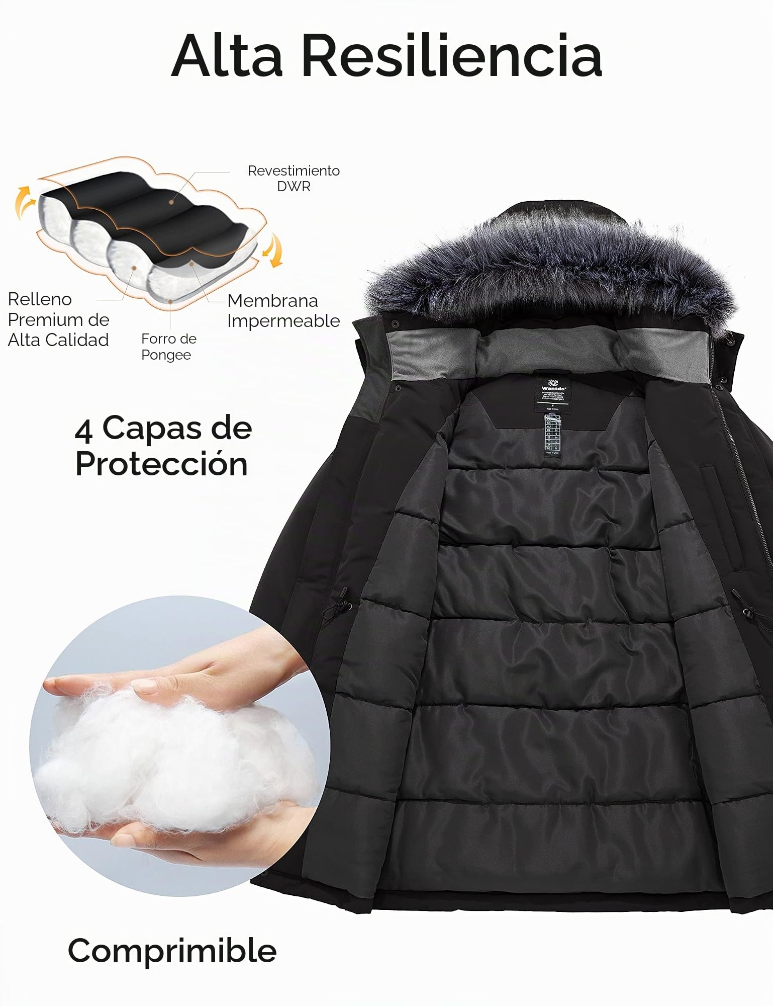 Wantdo Chaquetas de Algodón Invierno al Aire Libre Parkas Gruesa Capucha Desmontable con Pelo Chaqueta de Lana Resistente al Agua Abrigo Ajustado con Cinturón Hombres