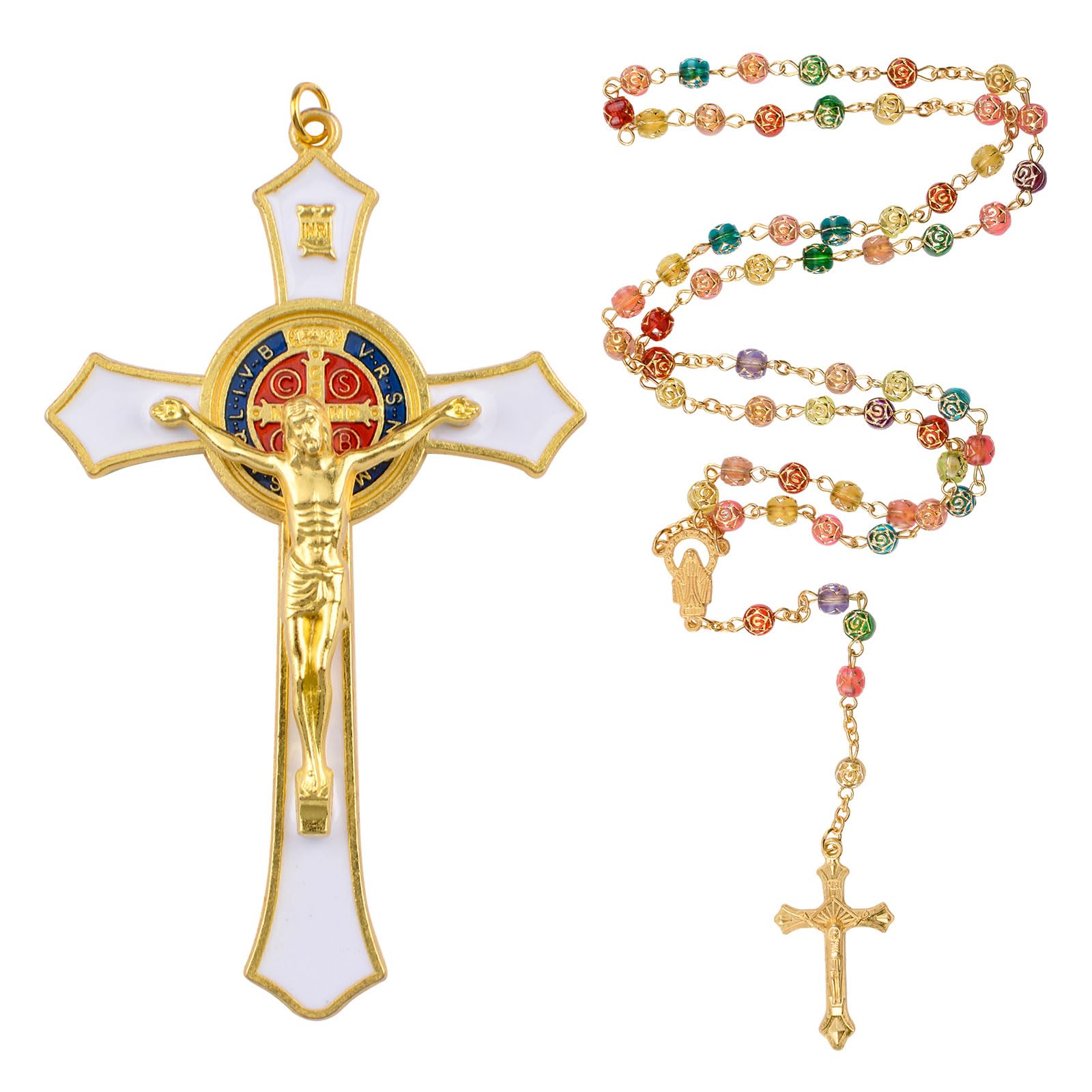 WANDIC 2 Pcs White Crucifix Wall Cross, Jesus Cross Necklace for men Women Jesus loves You Necklace Decor Catholic Gift for Baptism Easter