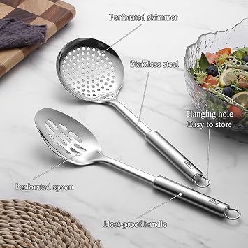 Berglander Kitchen Skimmer Slotted Spoons for Straining 2 pcs 13, Stainless Steel Kitchen Spider Strainer Ladle Spoon for Straining Pasta/Cooking/Frying/Noodle, Metal Kitchen Utensils Pasta Spoon