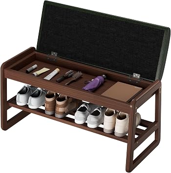 Shoes Rack, H-Shaped Storage Bench with Cushion, 2-Tier Shoe Rack, Wood & Soft Seat, Multi-Functional Storage Solution for Entryway, Living Room, Bedroom, Compact Shoe Bench Green