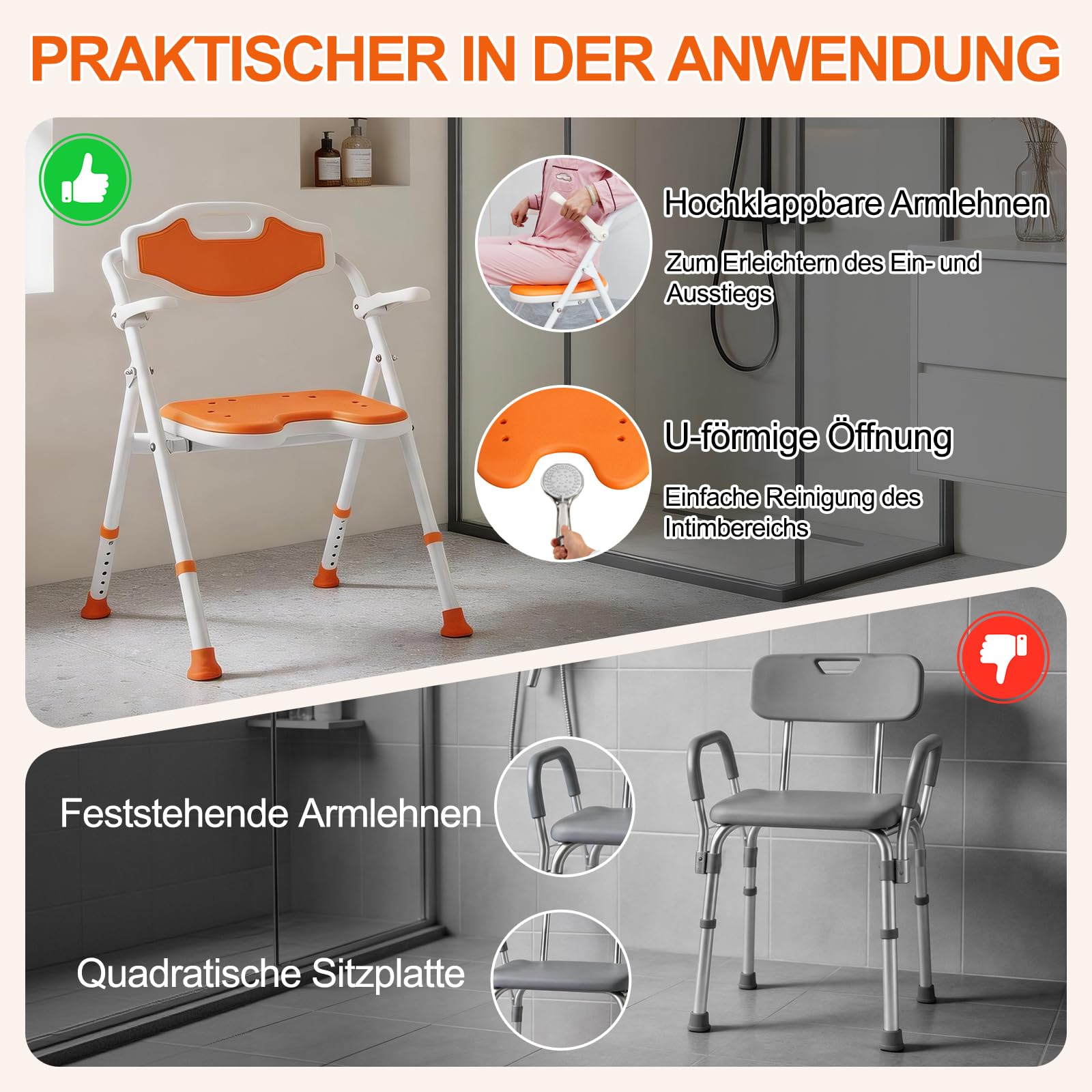 Duschstuhl für Senioren, Duschhocker Klappbar Höhenverstellbar, Anti-Rutsch Duschstuhl mit Hochklappbare Armlehnen, Rückenlehne für Dusche Schwangere, Tragfähigkeit 120kg
