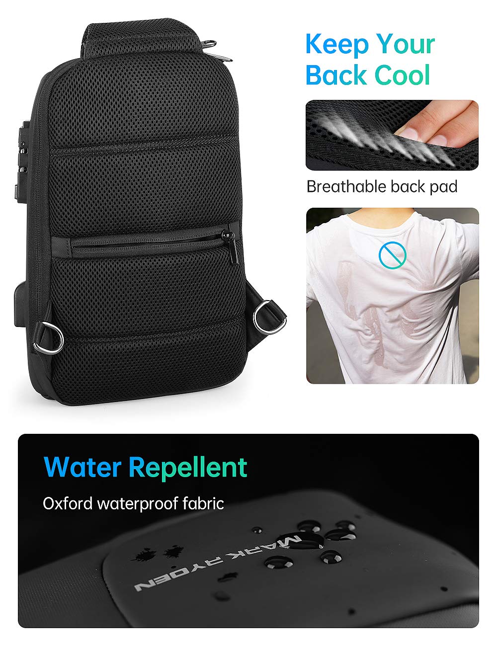 Mark Ryden Bolso Bandolera Antirrobo para Hombre, Bolsos Cruzados con Puerto de Carga USB,Bolso de Pecho Impermeable para Viajes, Trabajo, Escolar, Negocios-negro