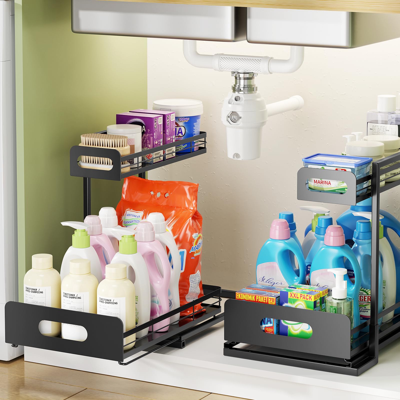 Delamu 2 Pack Metal Under Sink Storage, 2 Tier Pull Out Under Sink Organiser for Kitchen Bathroom, Adjustable Under Sink Shelf for Multipurpose Cupboard Organiser, Kitchen Storage & Organisation,Black