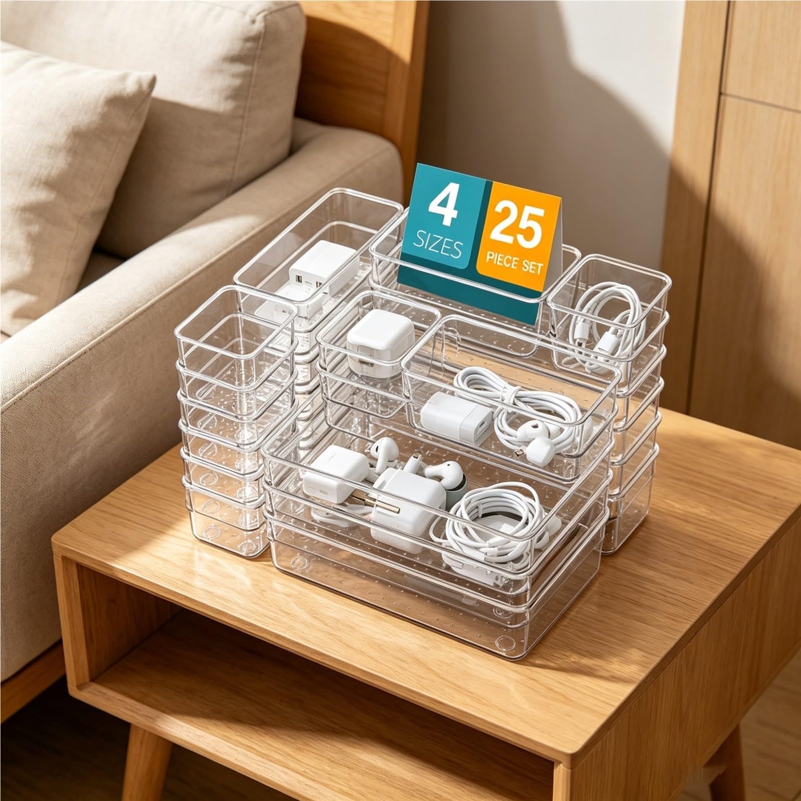 TYNGBT Plastic Drawer Organizer Bins Set, 25 Pcs Clear Storage Dividers for Bedroom Dresser, Closet, Vanity, Cosmetics, Jewelry and Accessories