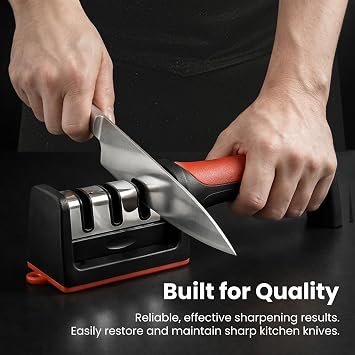 Sharp Knife Sharpener - 3 Stage Professional Kitchen Knife Sharpening Tool for Dull Knives, Scissors, Chef Knives, Non-Slip Base, Ergonomic Handle, Red