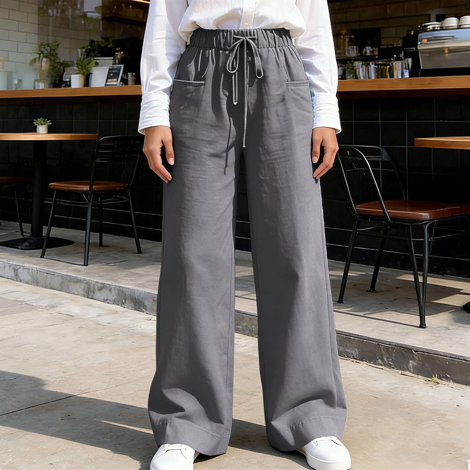 Wide Leg Pants for Women Flowy Palazzo Drawstring Waist Trousers with Pockets Summer Holiday Beach Vacation Pants