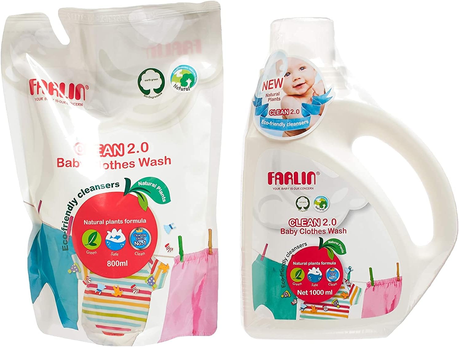 Farlin Clean 2.0 Baby Clothes Detergent, 1000 ml Bottle + 800 ml Refill