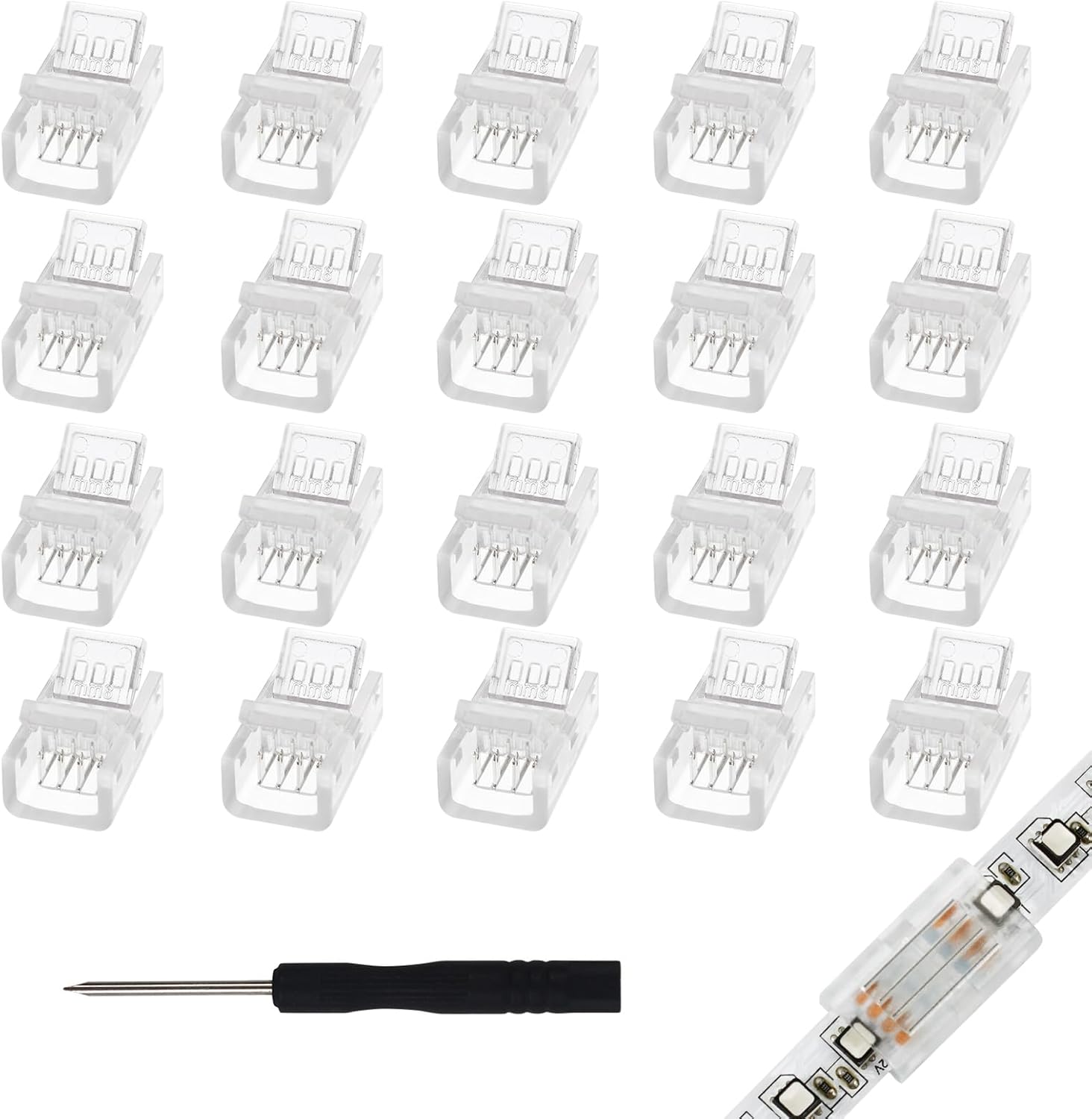 4Pin 8mm RGB LED Light Strip Connectors 20Pcs Waterproof LED Tape Connectors Transparent Solderless LED Light Strip Connectors for Strip Light Gapless Track Connector 5V 12V 24V Strip to Strip 4Pin, 8mm