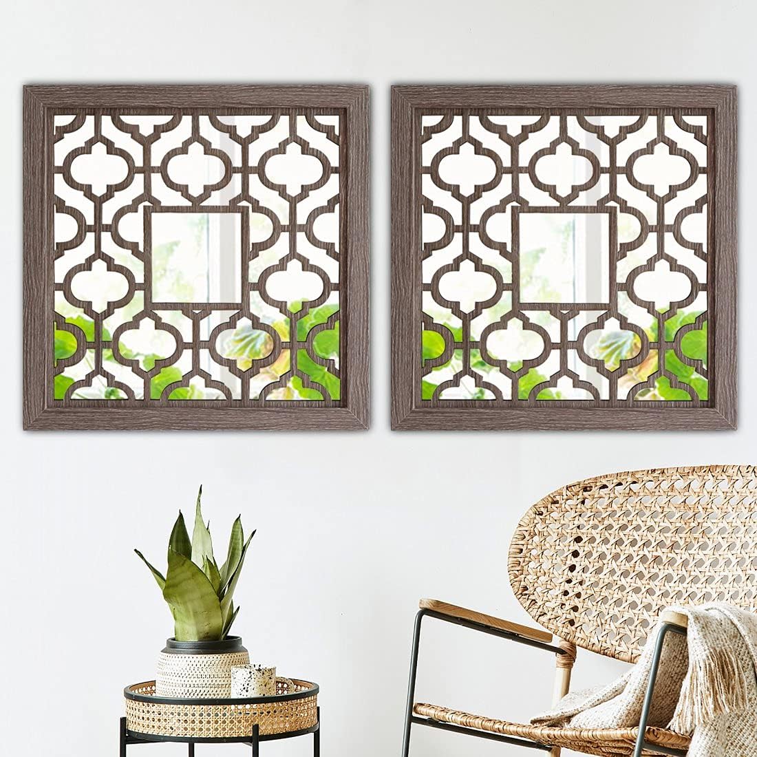 qmdecor Square Barn Wood Rustic Style Framed Wall Decorative Mirror 12x12 inches Modern DIY Fashion MDF Wood Material Wall-Mounted Mirrors Set of 2 Pieces