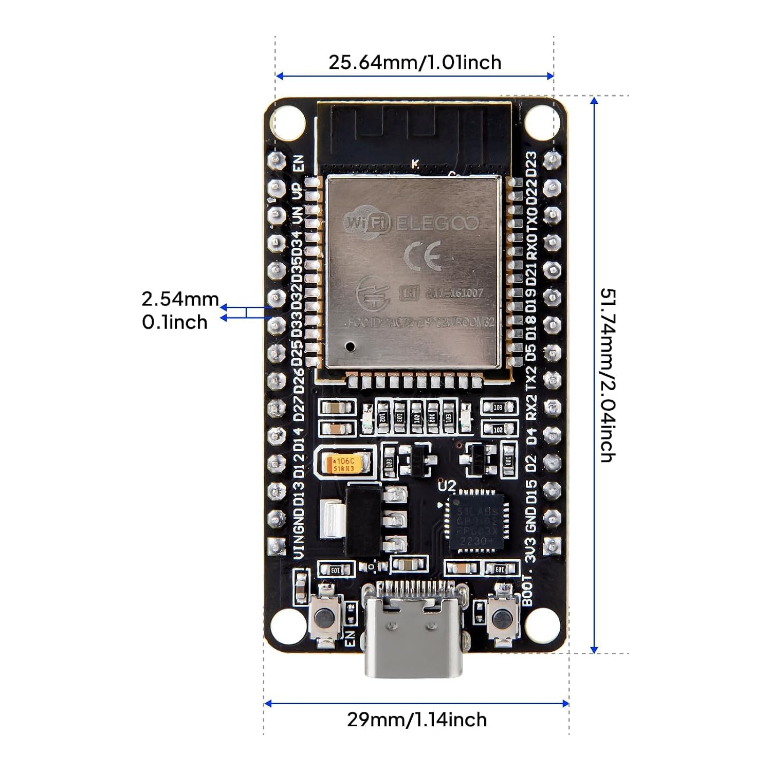 ELEGOO 3PCS ESP-32 Development Board USB-C, 2.4GHz Dual Mode WiFi+Bluetooth 4.2 Dual Core Microcontroller Support AP/STA/AP+STA, CP2102 Chip | low-power IoT applications, smart devices, automation, wireless communication, GPIO headers, simplifying development