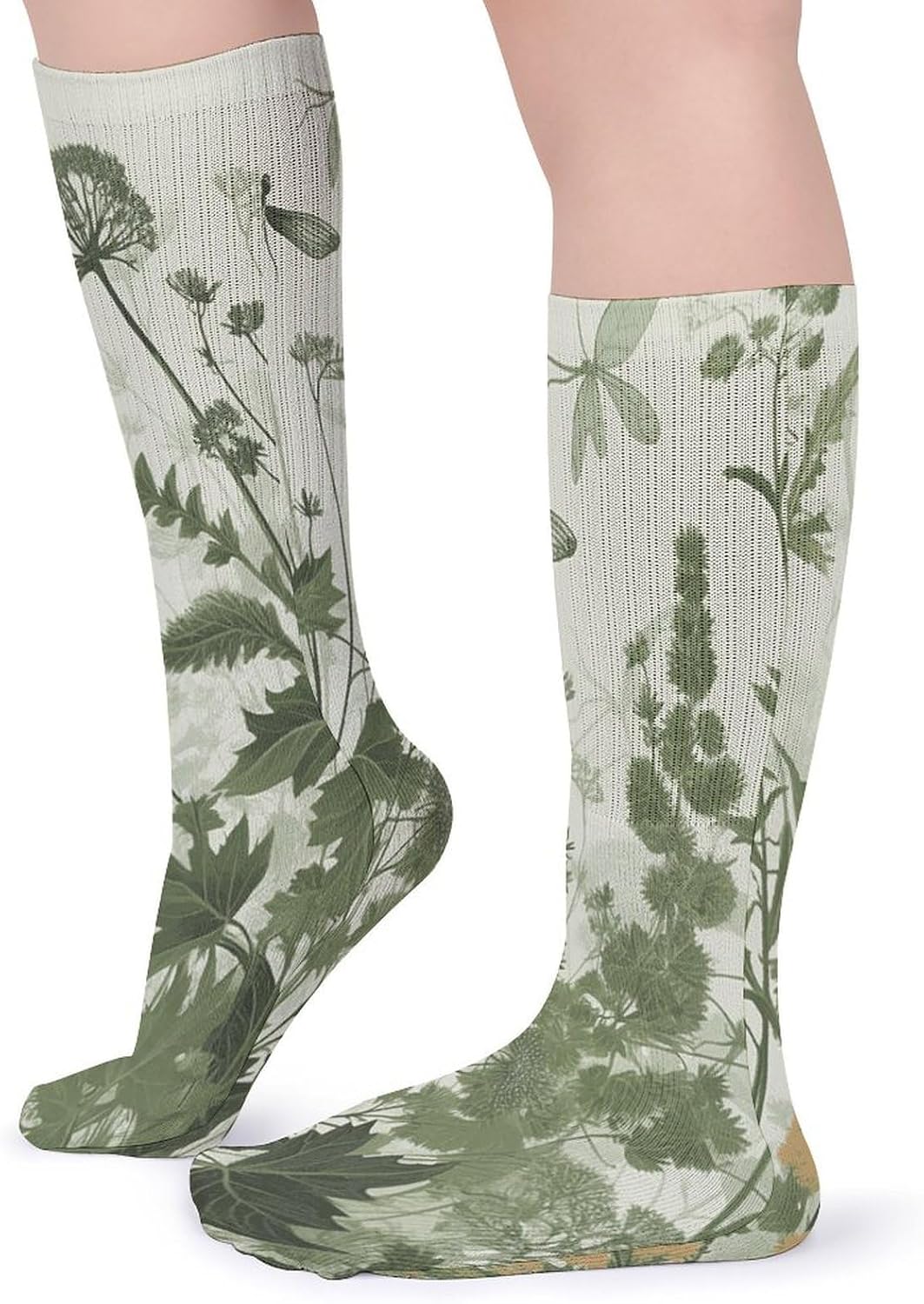 Foliage And Herbs with Dragonflies Winged Knee High Socks Cozy Knee High Socks Soft Mid-Length Sock for All Seasons Daily Wear Adult