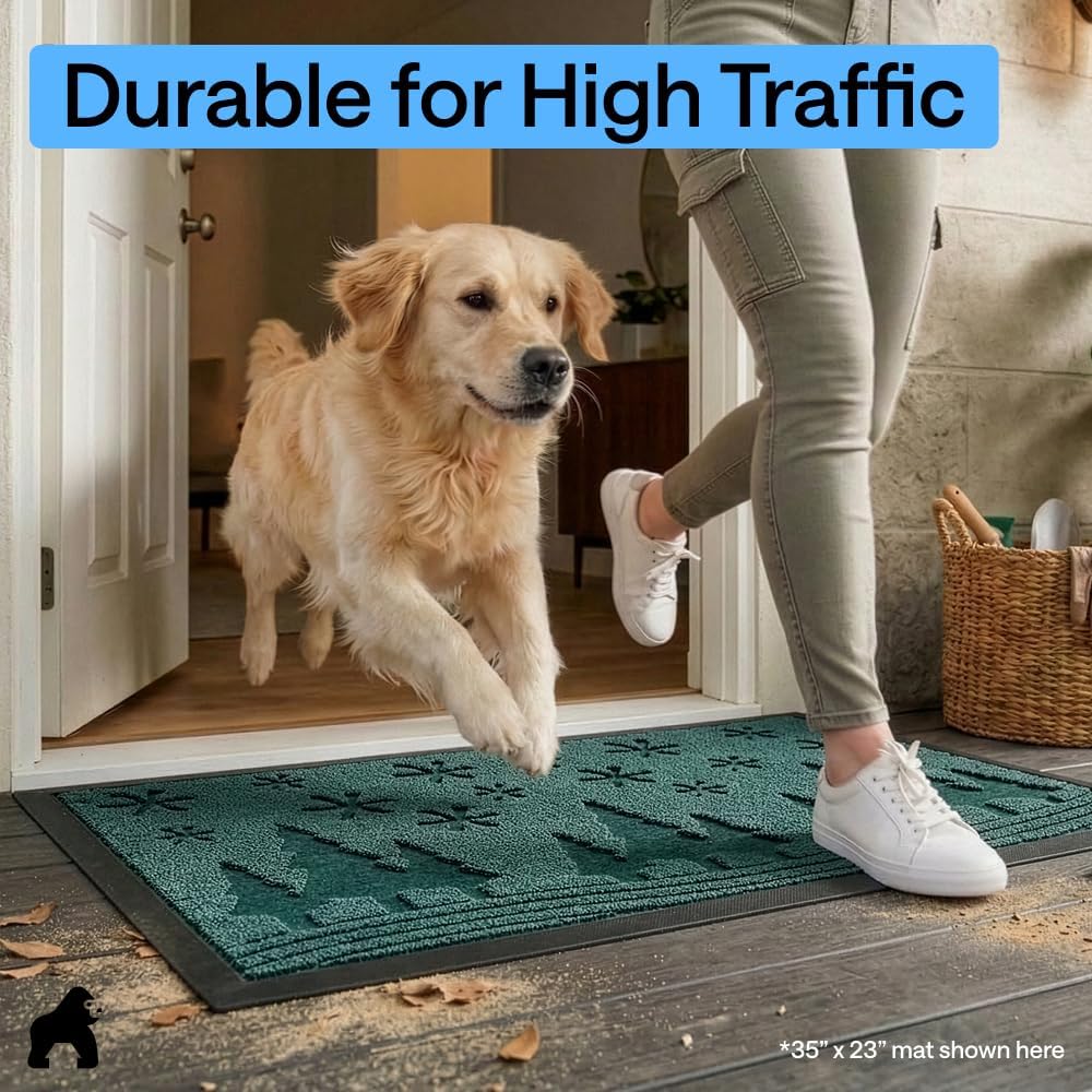 GORILLA GRIP 100% Waterproof All-Season WeatherMAX Doormat 35x23, US Designed Natural Rubber, Stain and Fade Resistant, Low Profile Indoor Outdoor Door Mats, Easy Clean Patio Mat, Green Snowscape