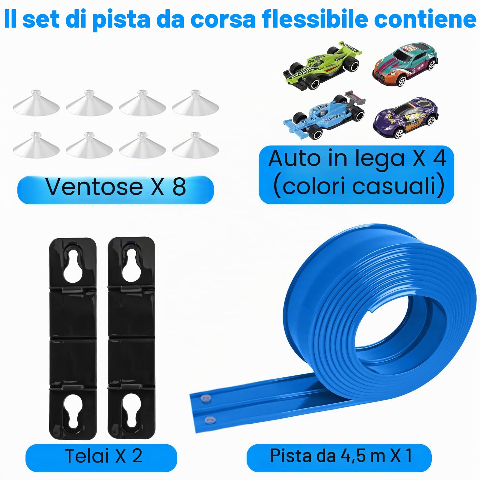 Pista Macchinine (4.5 m), Pista Macchine Flessibile, Piste Macchinine per Bambini 3 4 5 6 7 Anni, Car Track, 4 Auto In Lega Borsa Portaoggetti Regalo per Bambino e Bambine, Blu