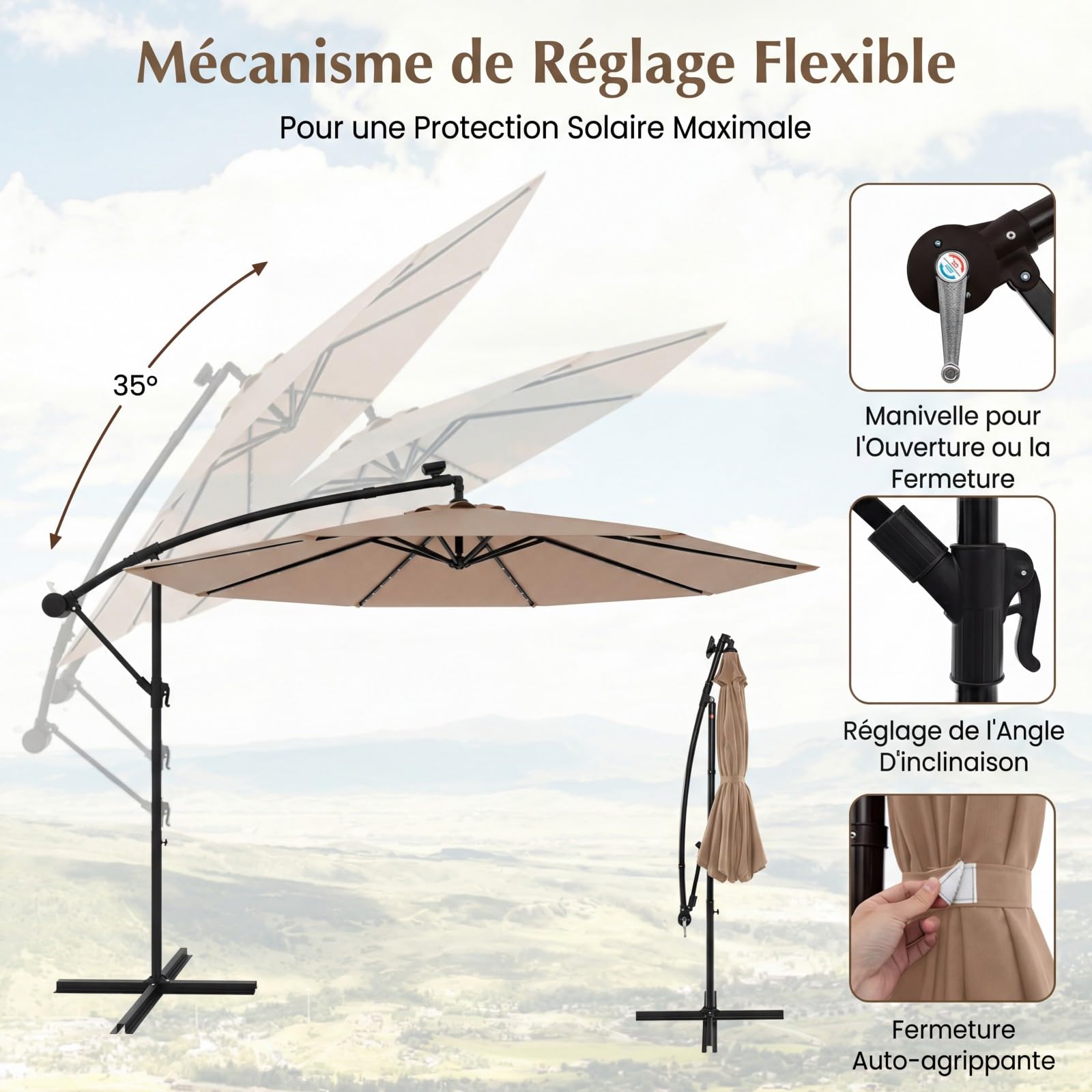 RELAX4LIFE Parasol Déporté Φ300 cm avec LED Inclinable 35° (Marron)