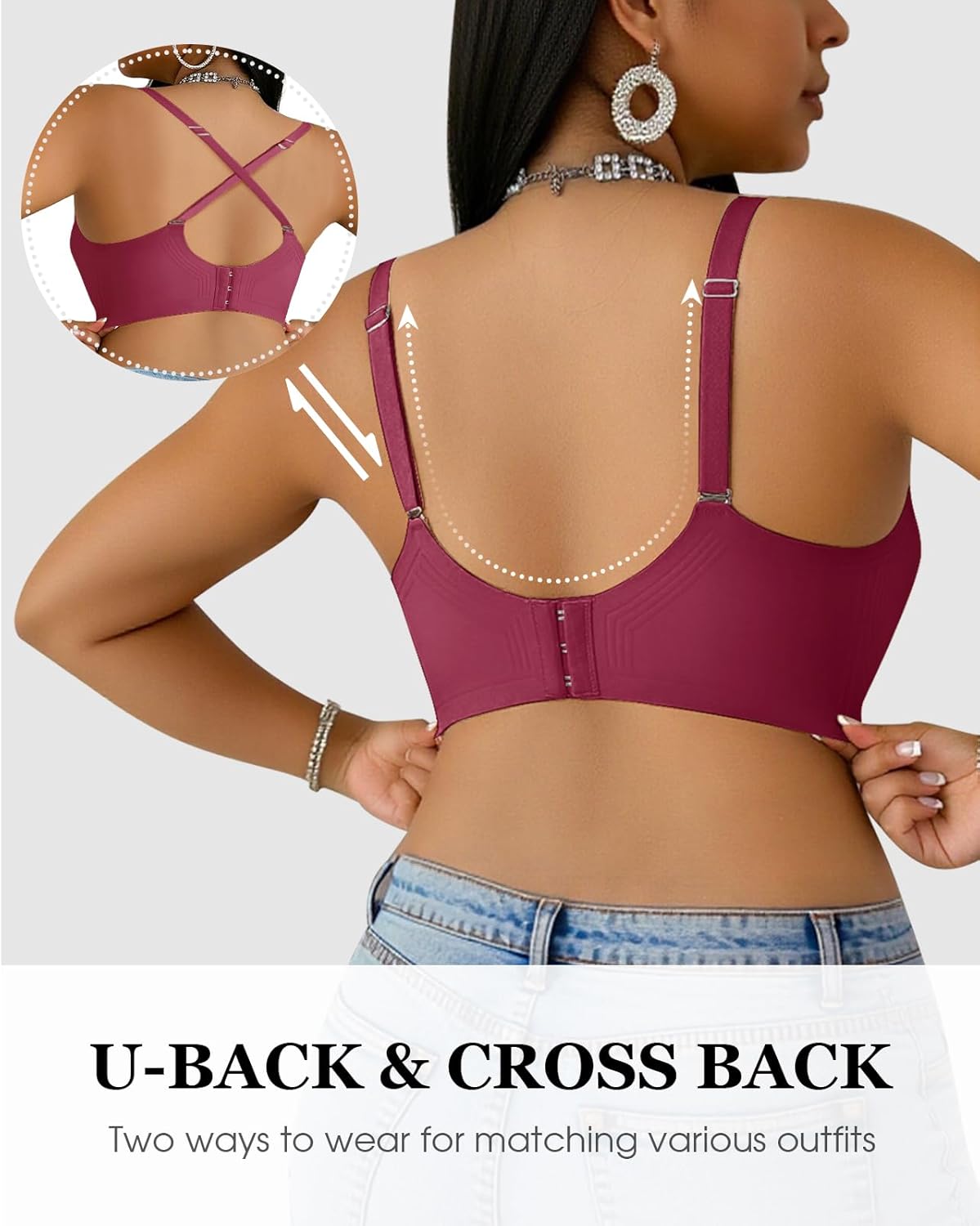 Seamless Wireless Full Coverage Bra for Women, V-Neck, Convertible Straps, Smoothing Back Comfort - Image 2