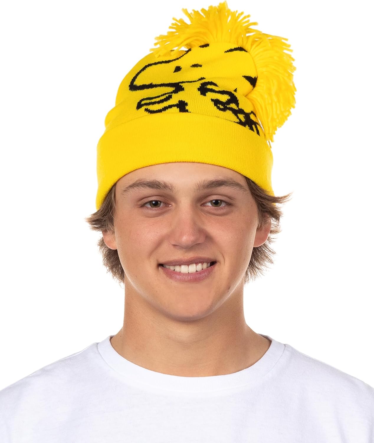 Peanuts Woodstock Beanie 3D Hair Character Cuffed Pom Beanie Hat Cap Yellow - Image 4