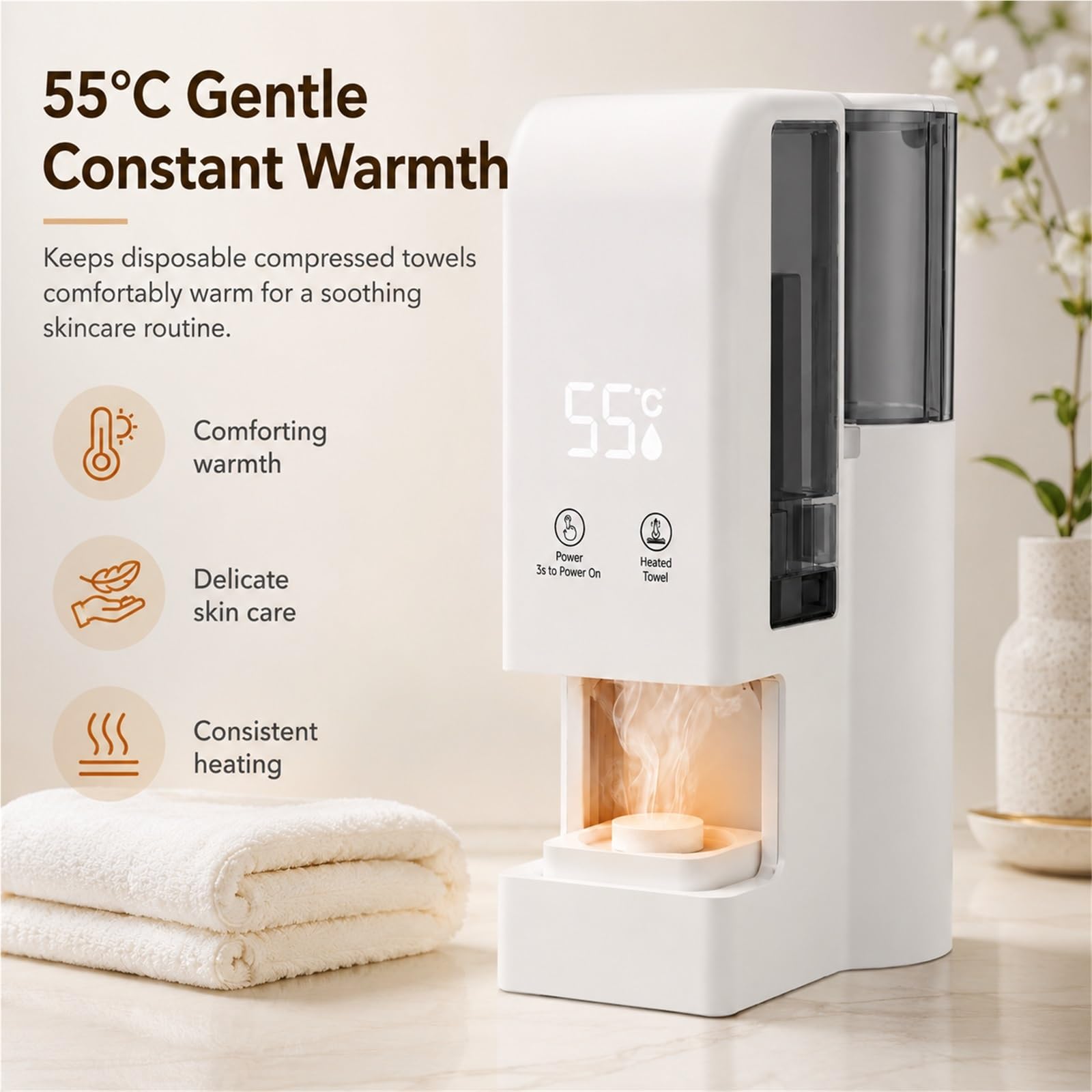 Handtuchwärmer Gesicht Heißtuchspender Dampf Kosmetik Wellness 55°C | Heißtuchspender für Gesichtspflege, 500ml Wassertank, 55°C Dampf-Wärmer, inkl. 40 Einwegtücher, tragbar