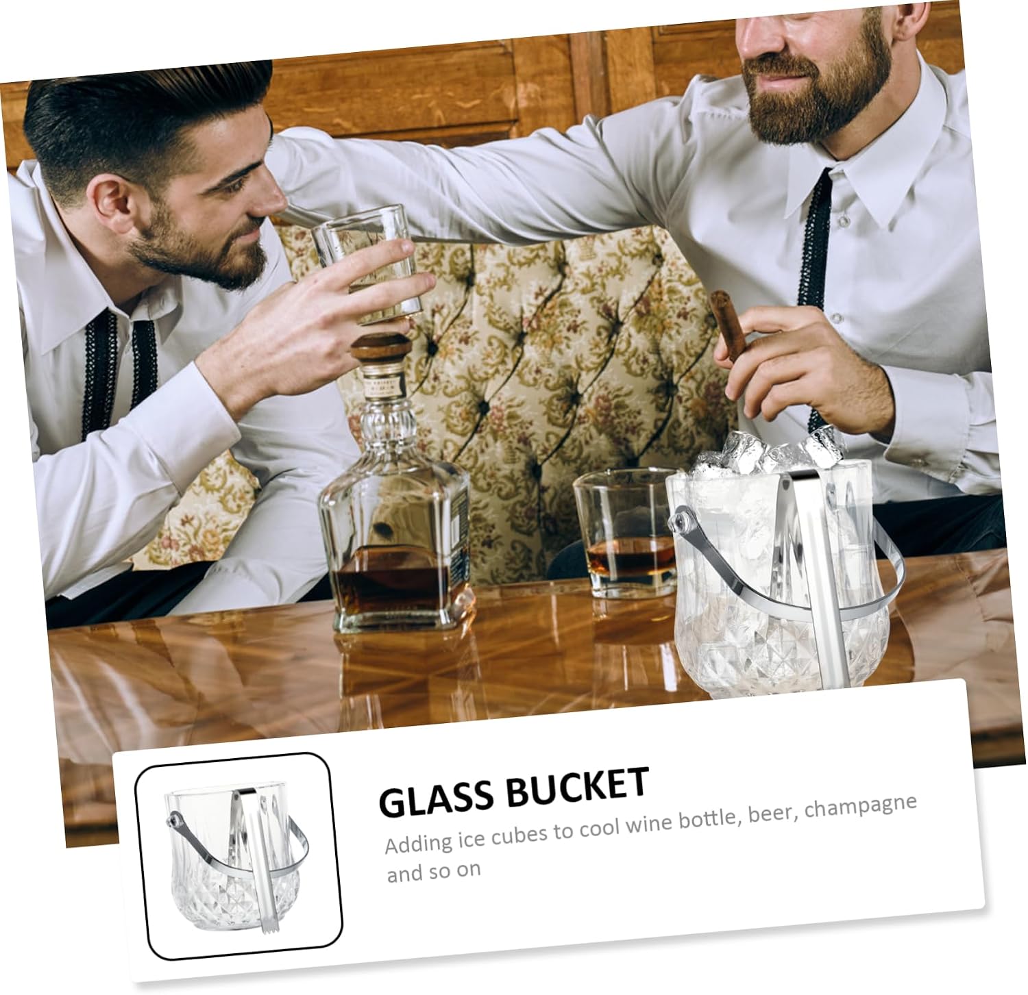 GLEAVI Handheld Glass Ice Bucket with Handle and Tongs Food-Grade Ice Storage Container for Wine Beer and Cocktails for Home Bars and Parties