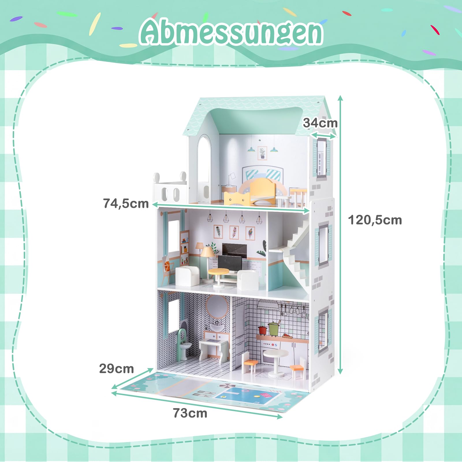COSTWAY Puppenhaus Holz, Kinder Dollhouse mit 17 Möbelstücken, große Puppenvilla 120,5 cm Hoch mit 3 Etagen, Traumvilla für Mädchen & Jungen ab 2 Jahren, 73 x 34 x 120,5 cm (Grün)