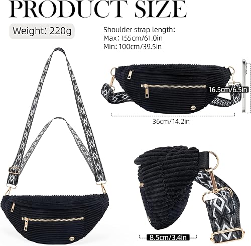 MAXTOP Crossbody Bag Women's Shoulder Bag Made of Soft Corduroy with Ethnic Woven Strap – Versatile Shoulder Bag & Waist Bag for Everyday Use, Office & Travel, Adjustable, Black, Gemiddeld - 3