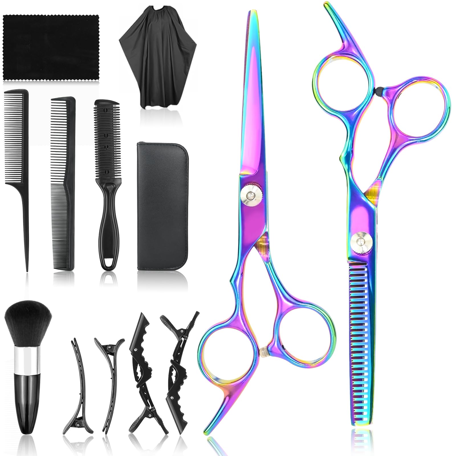 13Pcs Scissors Hair Hairdressing Professional Shears Set, Thinning Cutting Clip Comb Stainless Steel Cut Pouch Kit Salon Barber Women Men Kids Black (Purple)