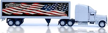 Shop72 132 Scale Toy Truck with Trailer Diecast Semi Long Hauler Truck, Collectible Long Hauler with Trailer, Realistic Diecast 18 Wheelers Semi Replica Freightliner Classic XL Model US Flag Theme