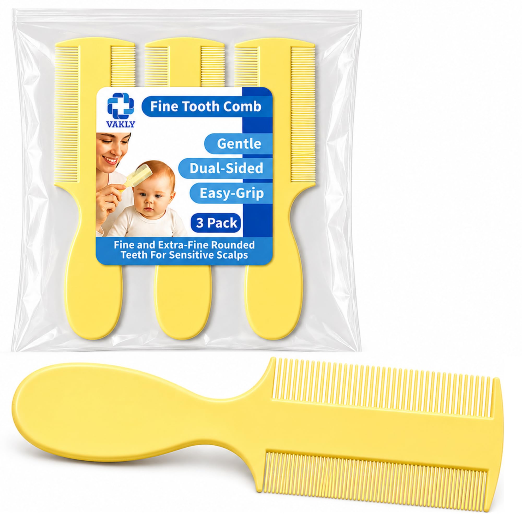 Peine de dientes finos [Pack de 3] dientes redondeados de doble cara finos y extrafinos para bebés recién nacidos y bebés (3)