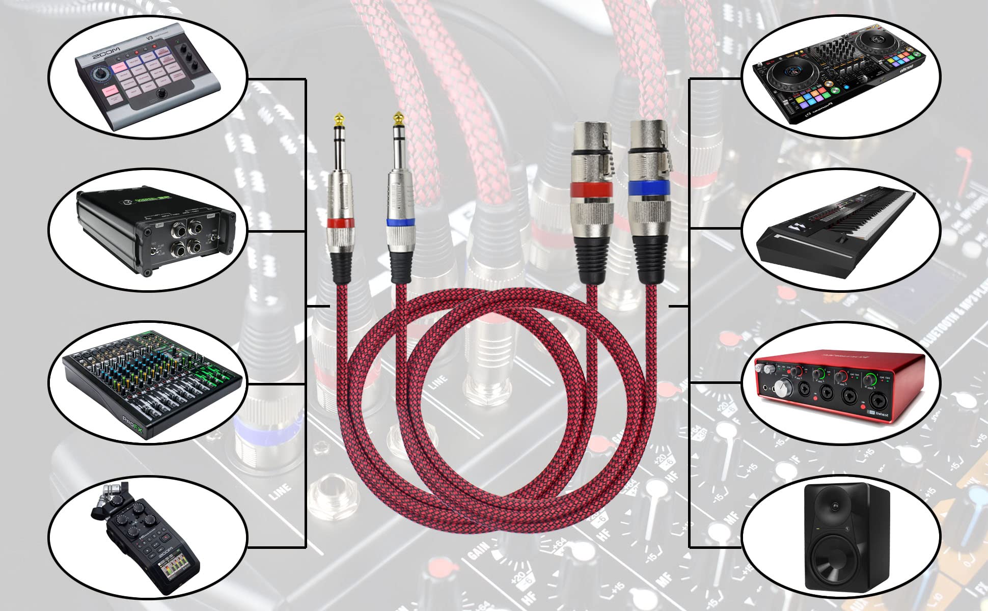 Adaptador de cable XLR hembra a TRS de 1/4 pulgadas equilibrado, cable de micrófono estéreo TRS a XLR de 15 pies de 6.35 mm, trenzado de nailon, blindado OFC, color rojo, para
