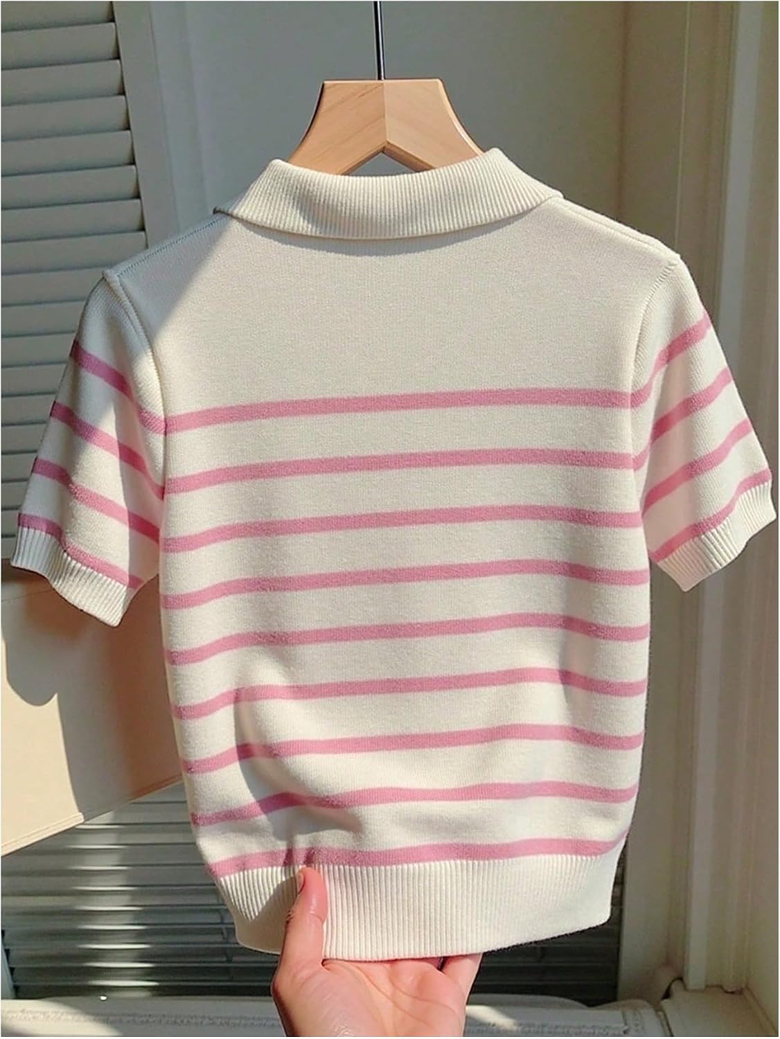 SHENHE Women's Striped Short Sleeve Sweater Bear Embroidered Collared Lightweight Knit Top